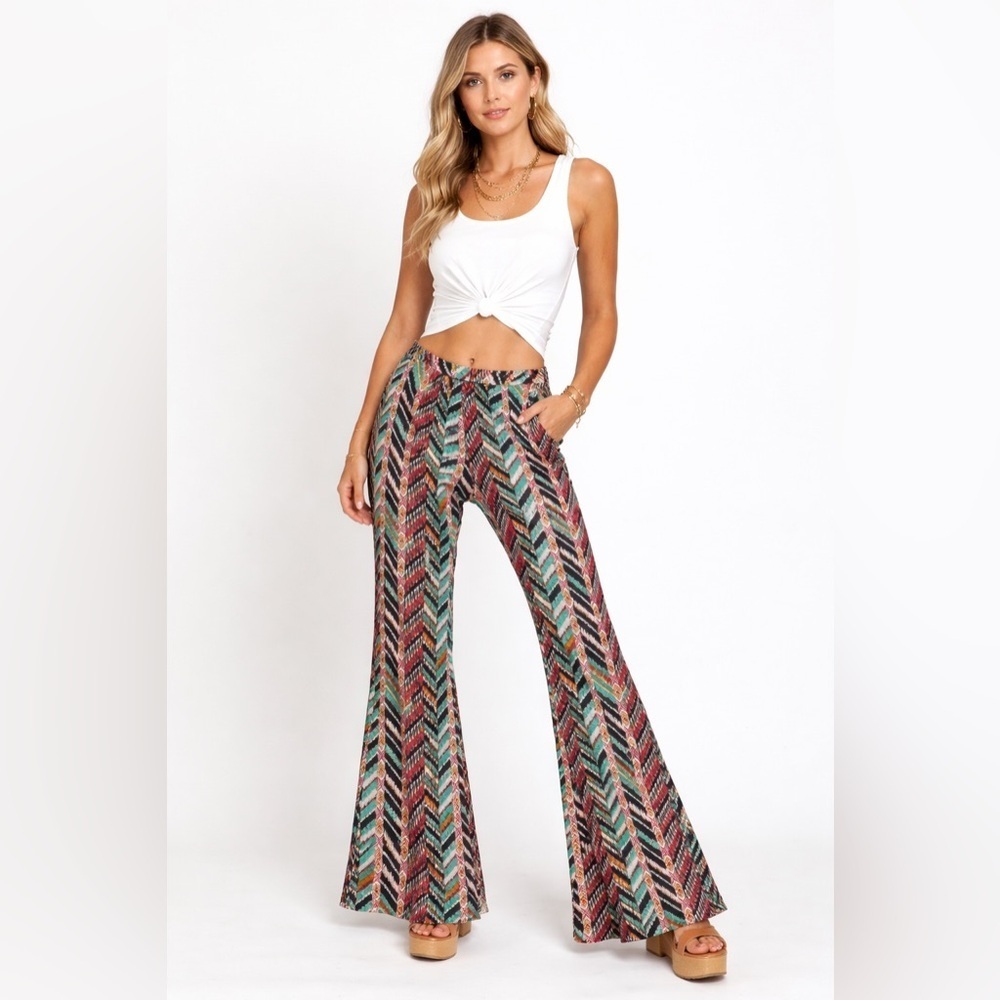 Wrangler Multicolor Chevron Bold Print Palazzo Flare Pants Retro Bohemian Medium
